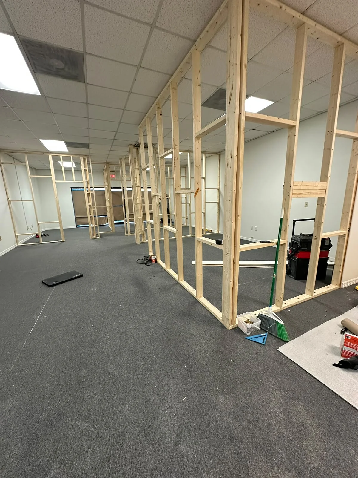 Wood framing for new interior walls in a commercial space